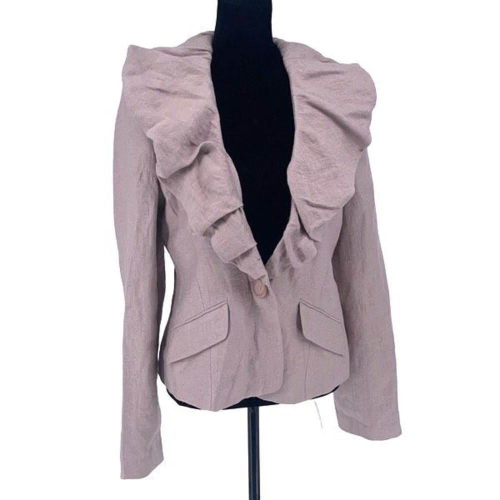 BCBG MAXAZRIA Ruffle Collared Linen Blend Jacket‎ Blazer Size 10P Purple/Pink
